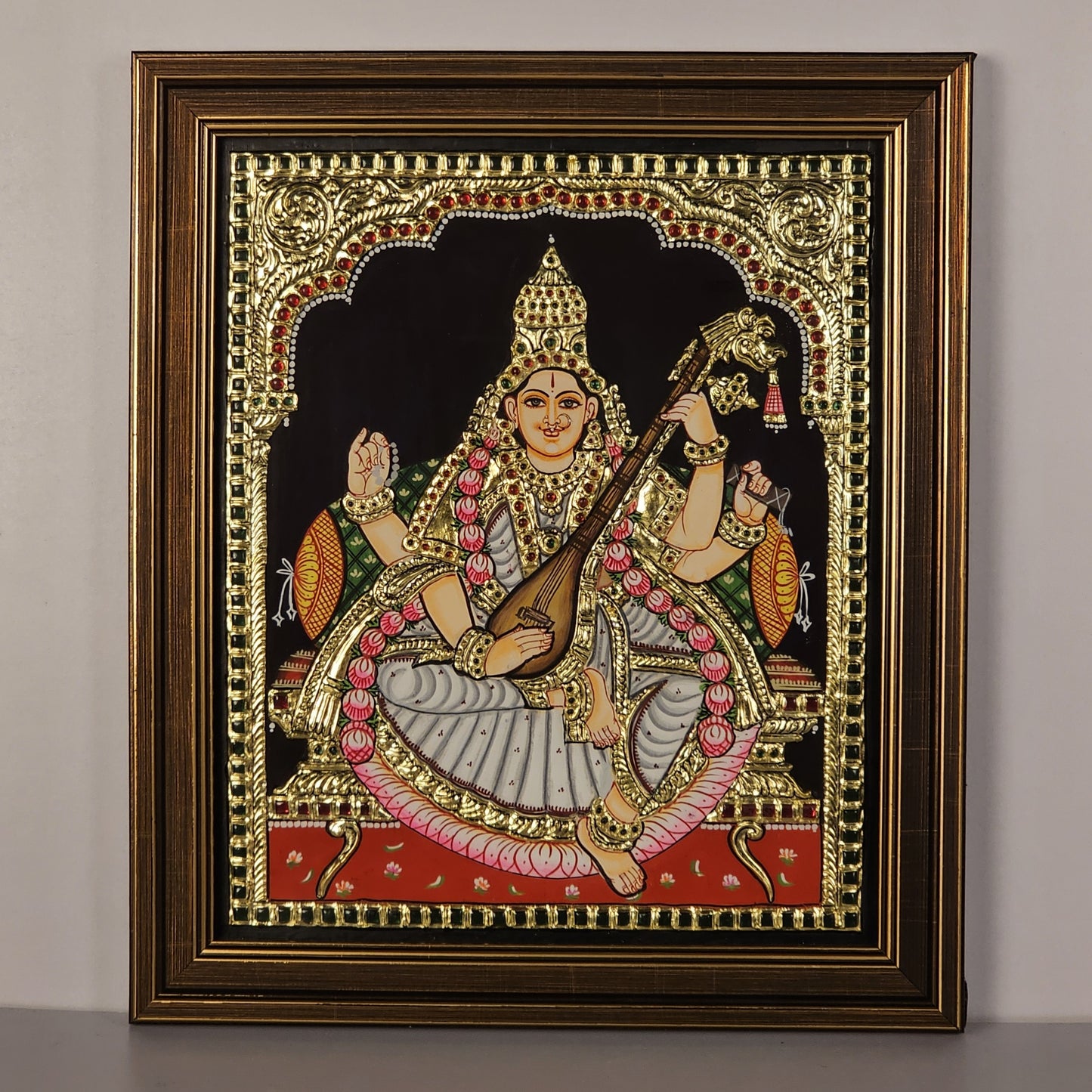 14" Saraswathi Devi Tanjore Painting with 22K Gold Work (Rename)