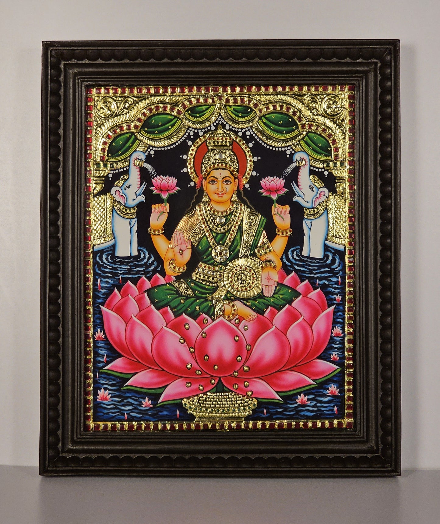 18" Lakshmi Devi on Lotus Tanjore Painting with 22K Gold Work