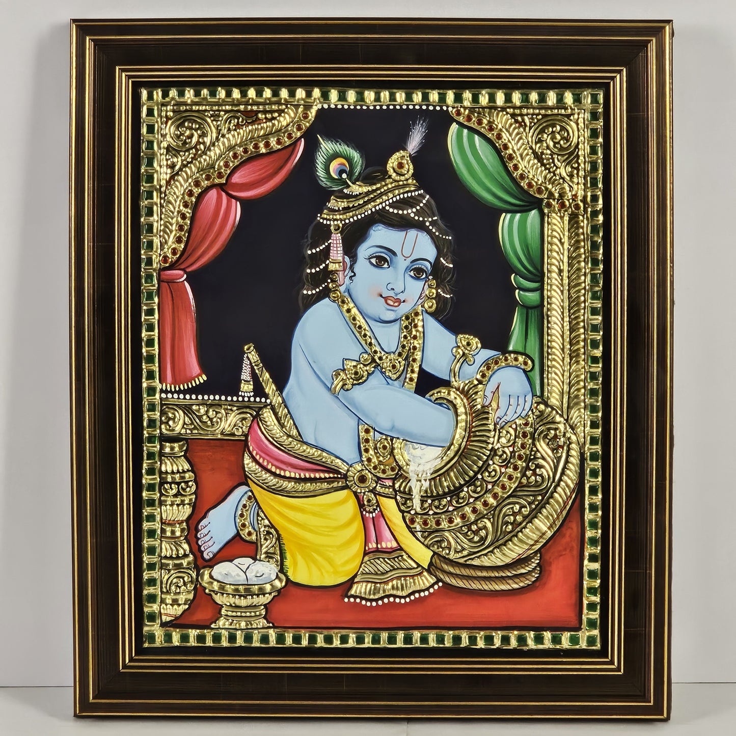 14" Butter Krishna Tanjore Painting with 22K Gold Work