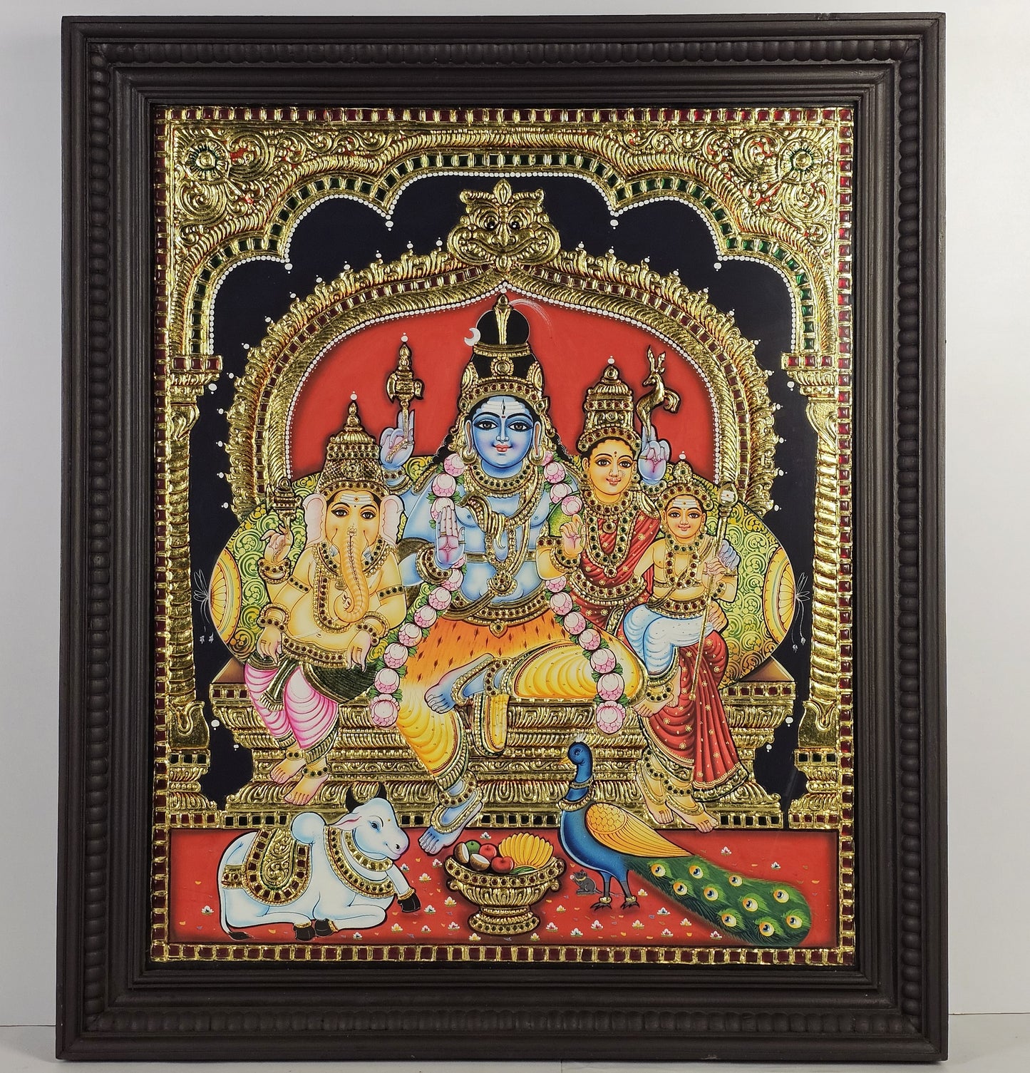 28" Shiva Family Tanjore Painting with 22K Gold Work