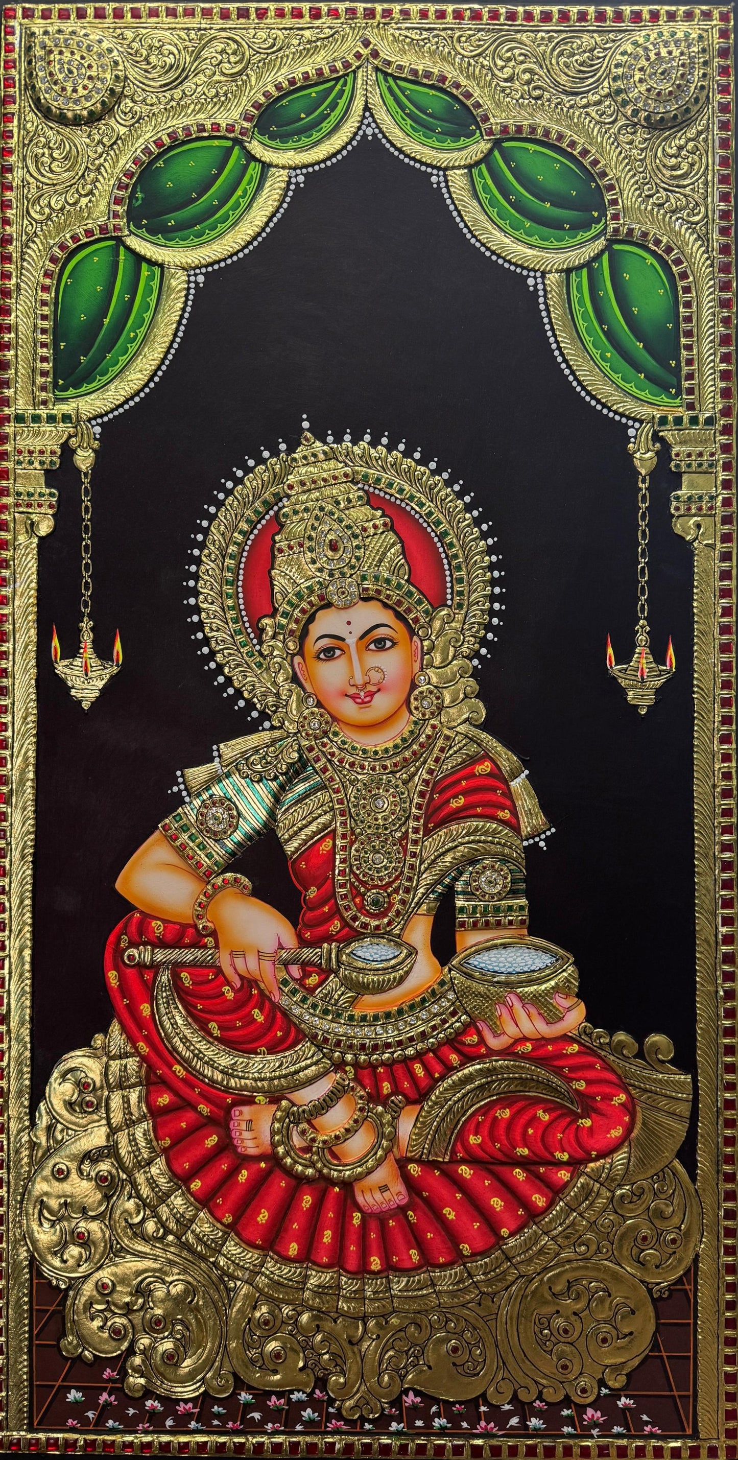 35" Annapoorna Devi Tanjore Painting with 22K Gold Work