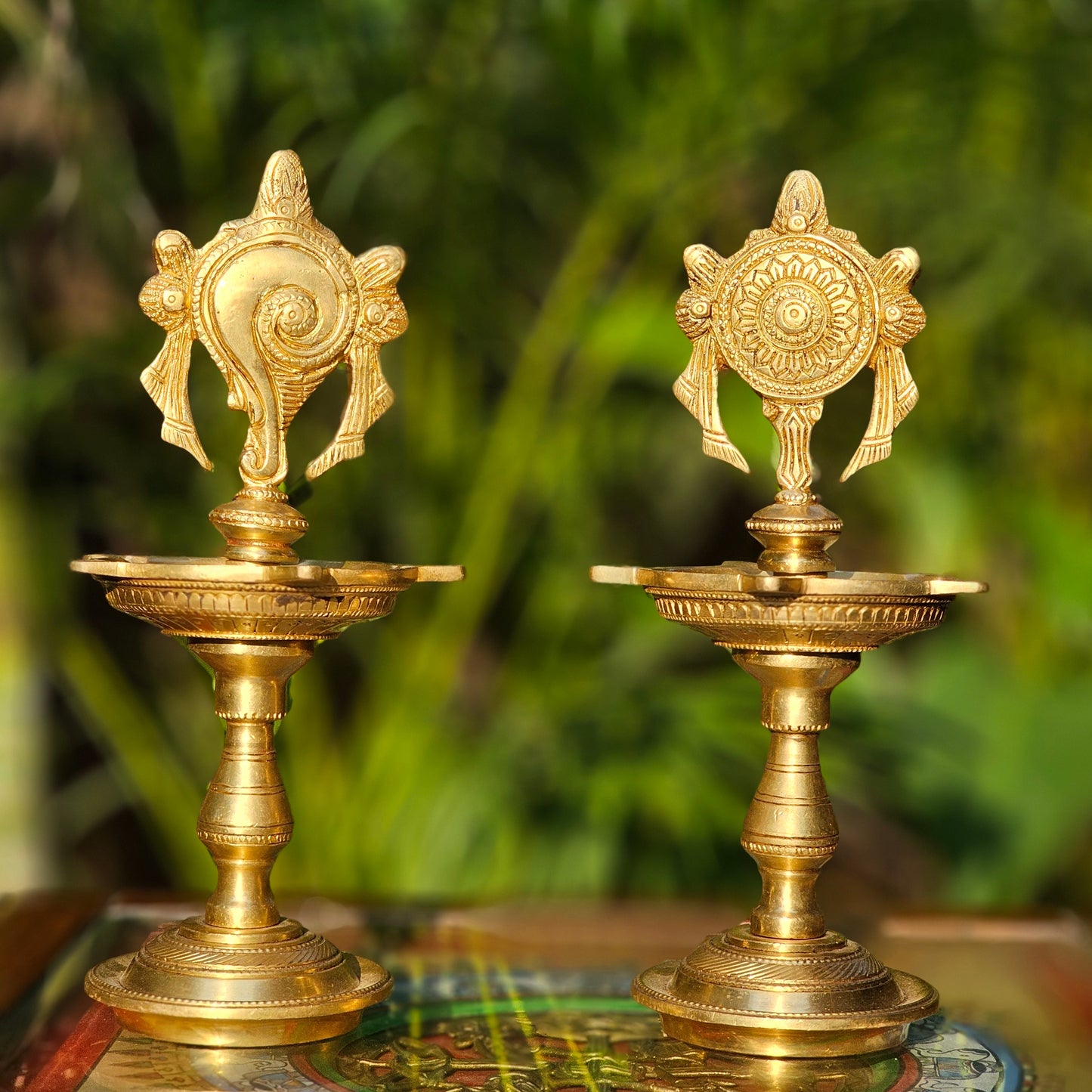 Handcrafted Brass Shanku Chakra Deepam Lamp Set | Traditional Pair for Pooja | Divine Symbolism