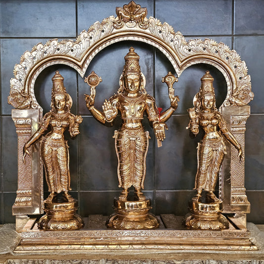 33"' Vishnu Murthy with Sri Devi and Bhu Devi  with arch  in Bronze