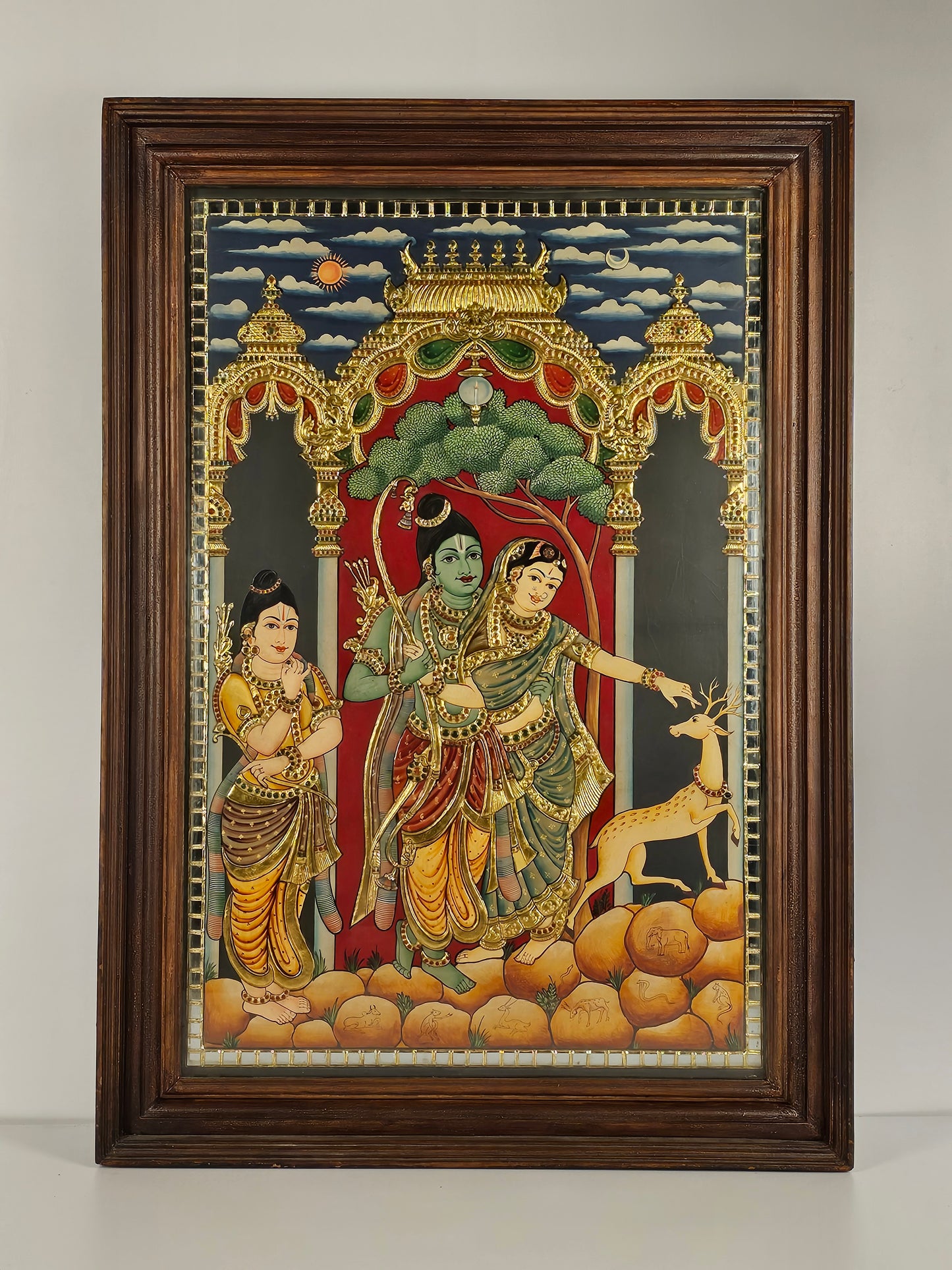 Ramayana Tanjore Painting - Golden Deer Scene | 22 Carat Gold Foil | Handcrafted Traditional South Indian Art