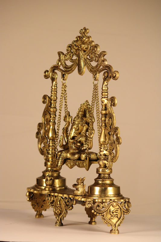 Ganesha on Ornate Swing (Jhula) – Handcrafted Traditional Idol | Premium Brass | 12 inch