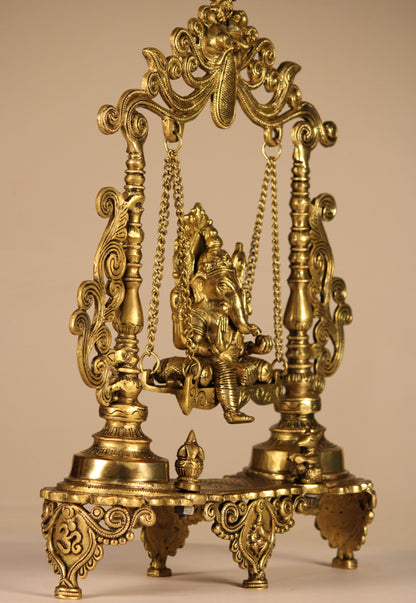 Ganesha on Ornate Swing (Jhula) – Handcrafted Traditional Idol | Premium Brass | 12 inch
