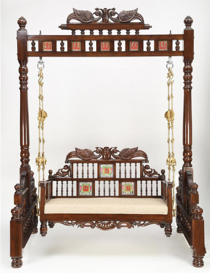 Padmini Teakwood Swing (Jhoola) in Walnut Finish adorned with Oriental Carvings and Tribal Artwork (65x48x80)