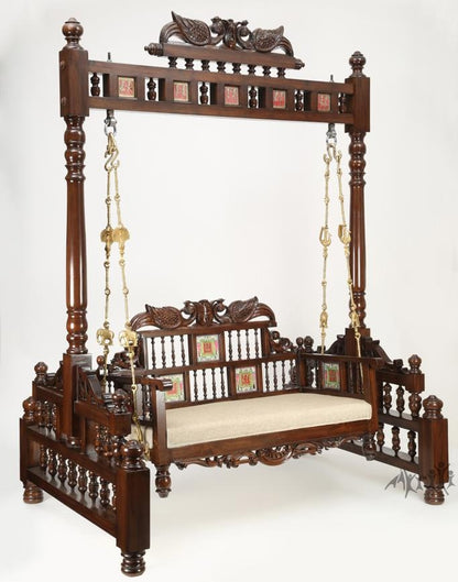 Padmini Teakwood Swing (Jhoola) in Walnut Finish adorned with Oriental Carvings and Tribal Artwork (65x48x80)