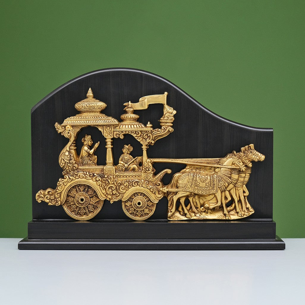 14"  Krishna Arjuna ratham in brass with frame