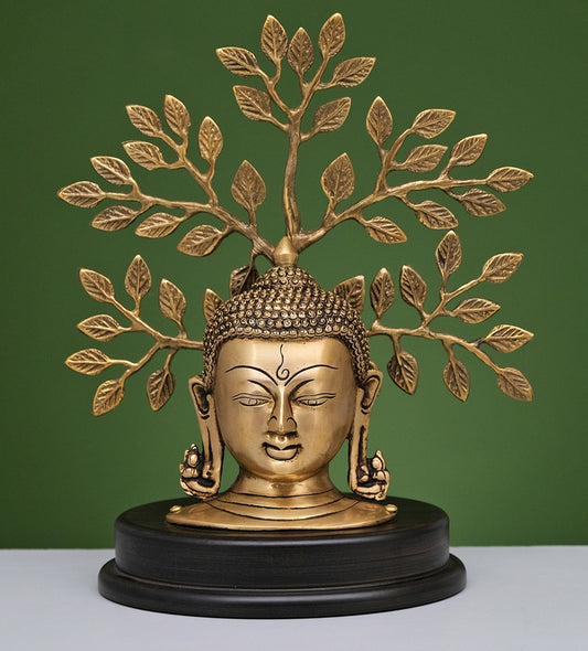 12" Buddha head with tree in brass with base
