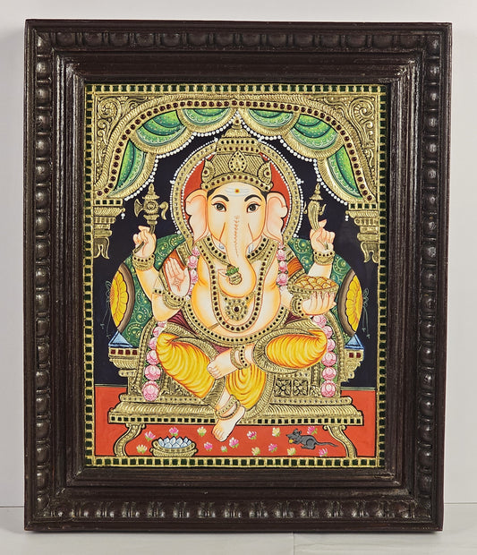 18" Ganesha Tanjore Painting with 22K Gold Work