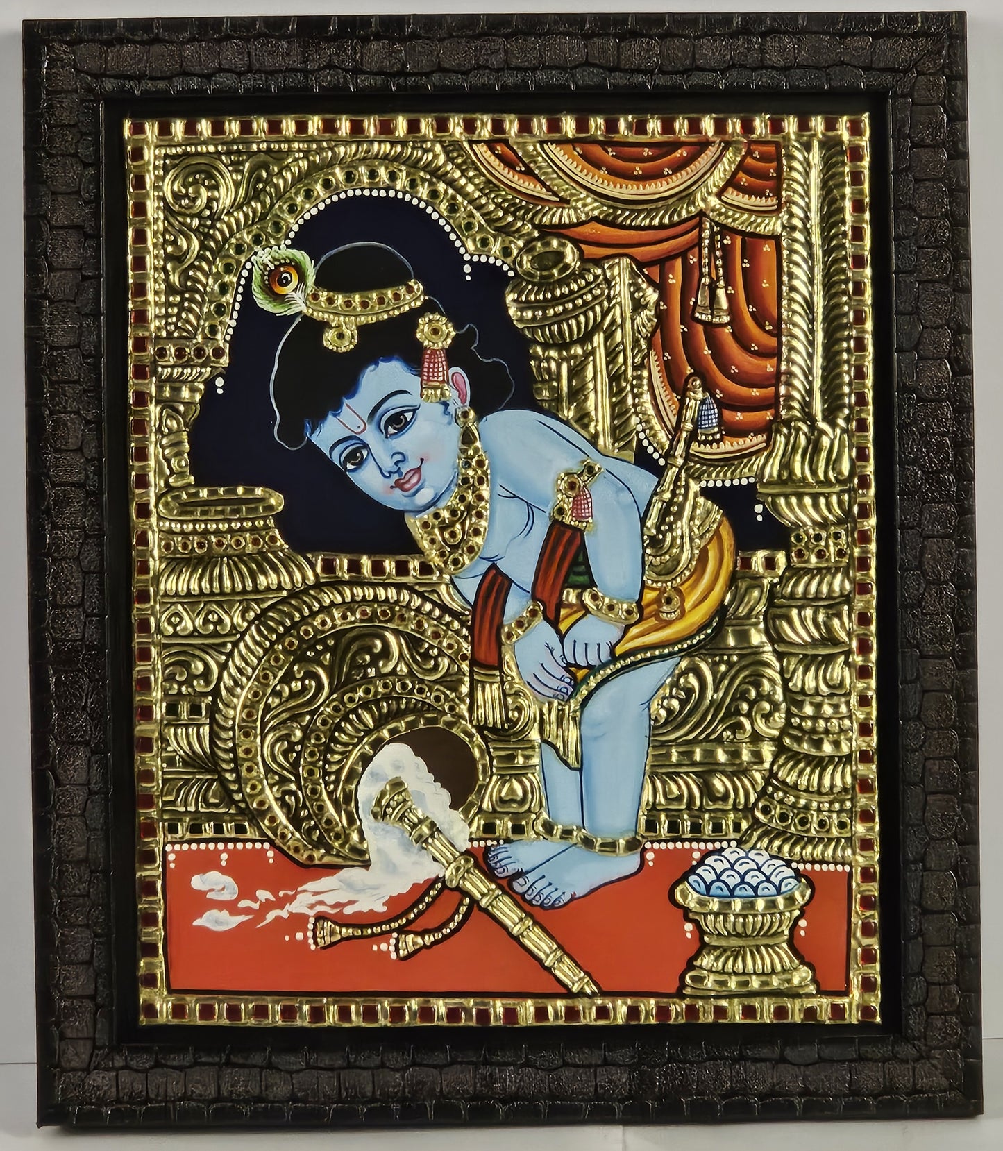 14" Butter Krishna Tanjore Painting with 22K Gold Work