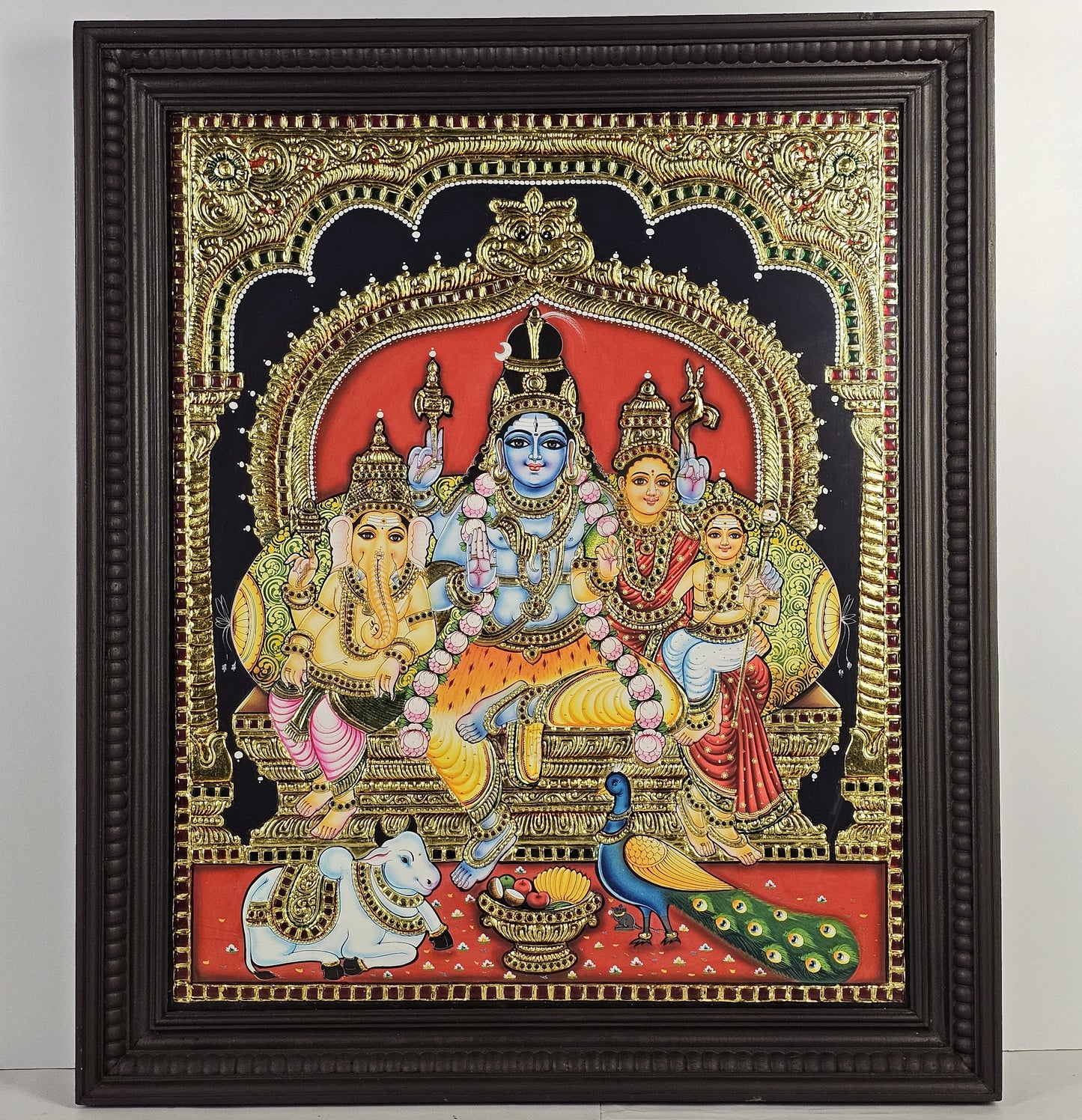 28" Shiva Family  Tanjore Painting with 22K Gold Work