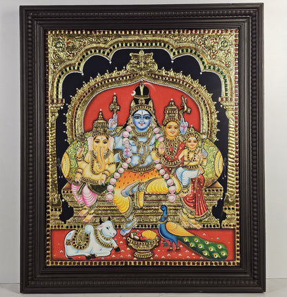 28" Shiva Family  Tanjore Painting with 22K Gold Work