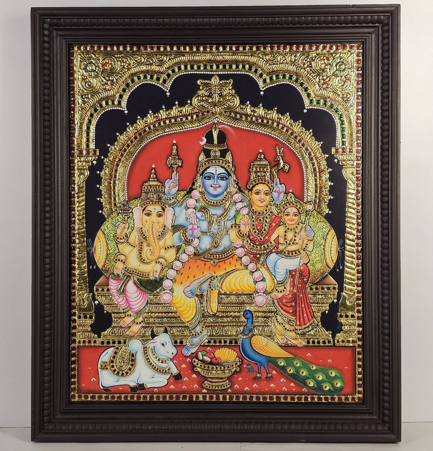 28" Shiva Family  Tanjore Painting with 22K Gold Work