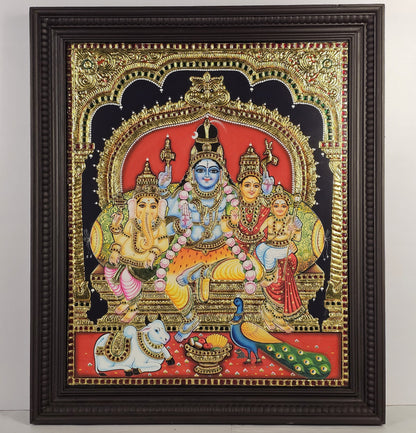 28" Shiva Family  Tanjore Painting with 22K Gold Work