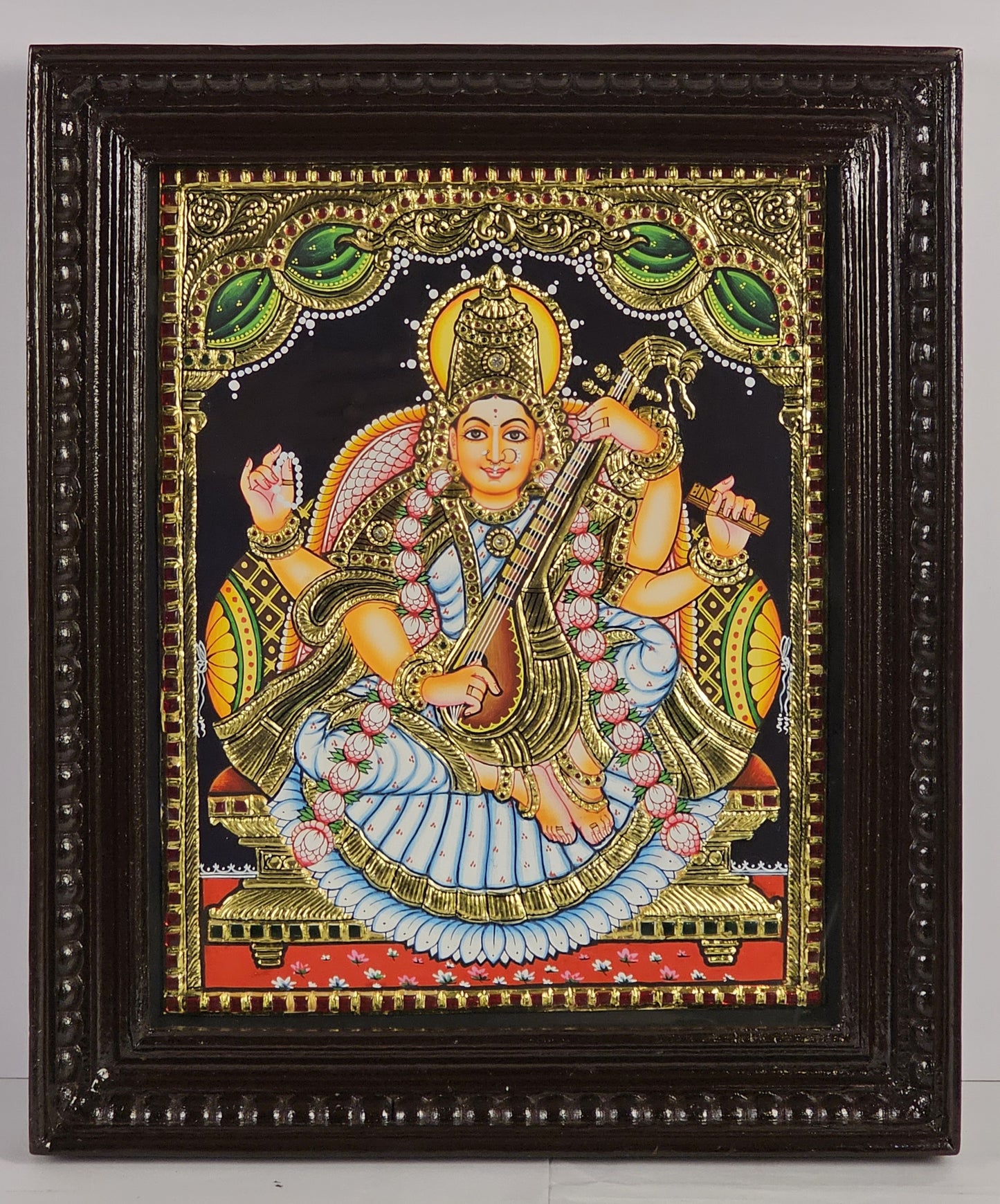 14" Saraswathi Devi  Tanjore Painting with 22K Gold Work