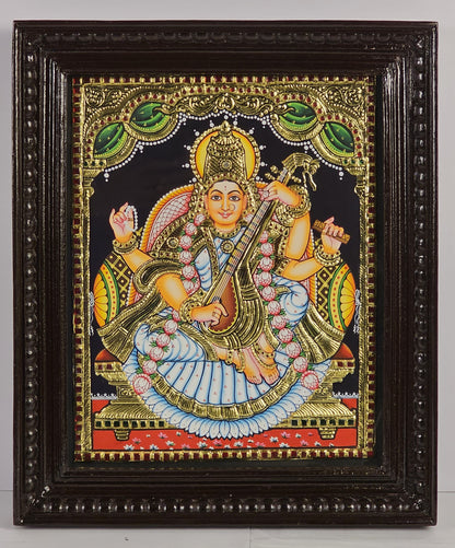 14" Saraswathi Devi  Tanjore Painting with 22K Gold Work