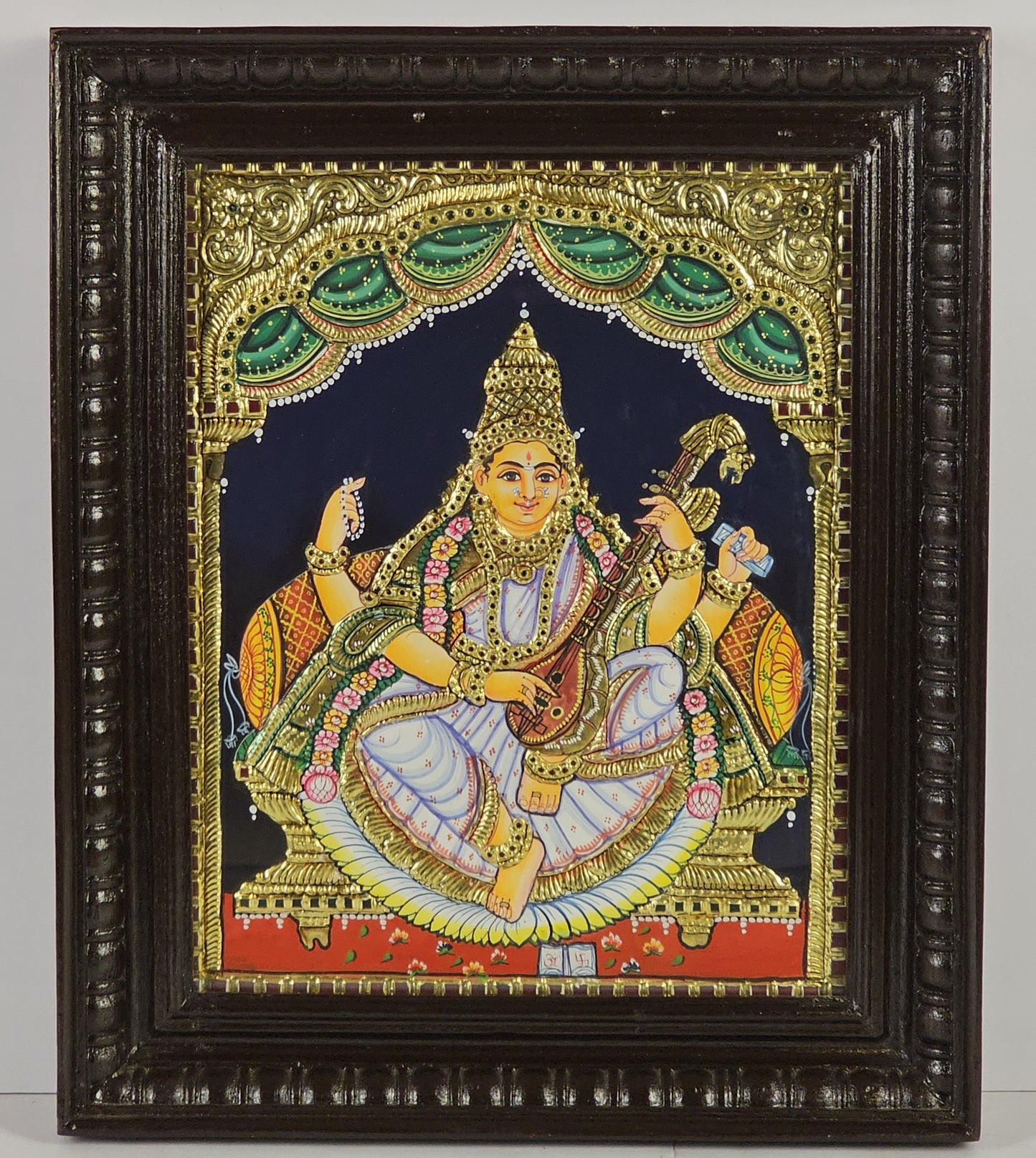 14" Saraswathi Devi  Tanjore Painting with 22K Gold Work