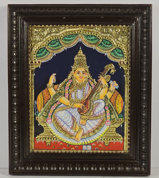 14" Saraswathi Devi  Tanjore Painting with 22K Gold Work