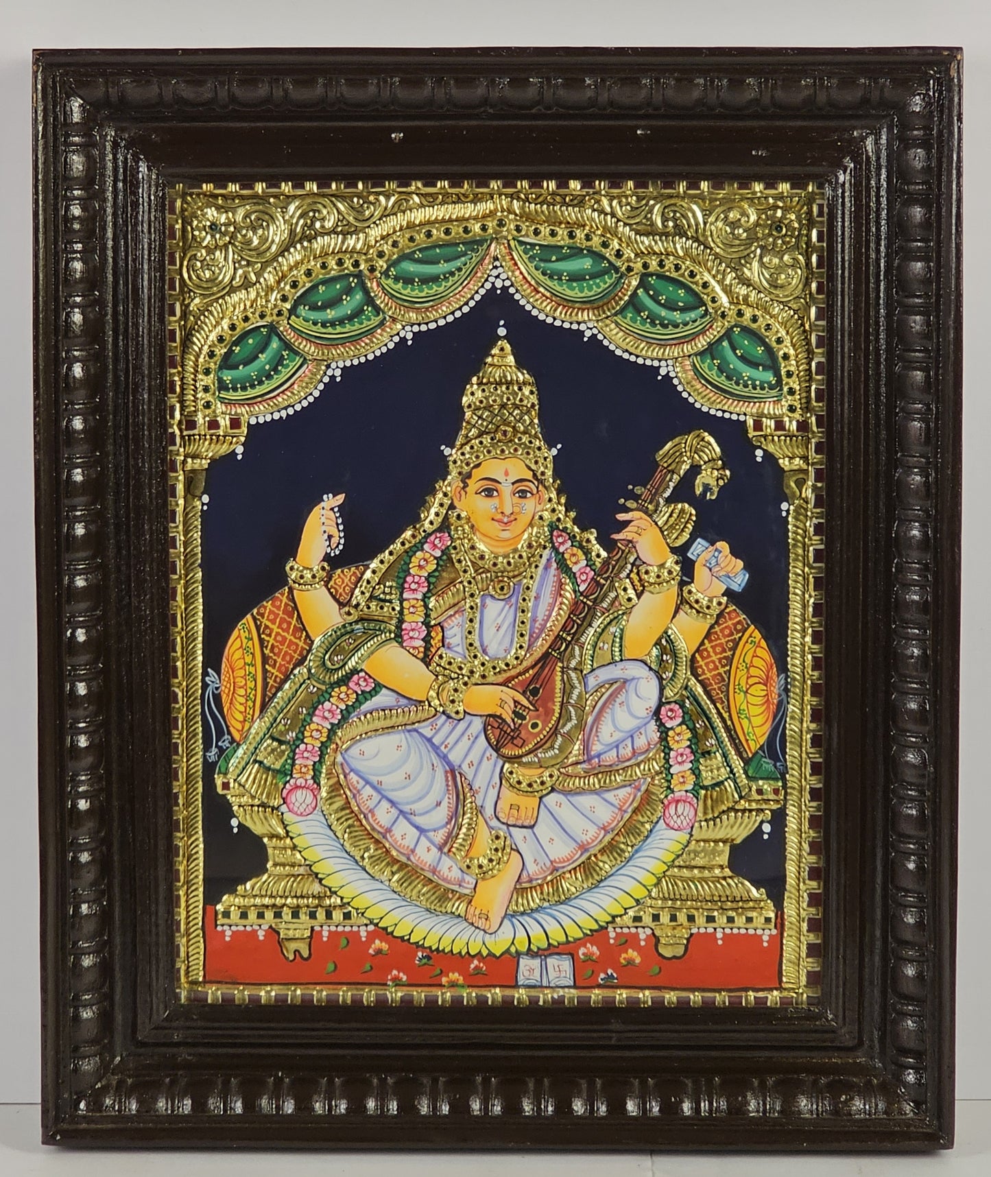 14" Saraswathi Devi  Tanjore Painting with 22K Gold Work