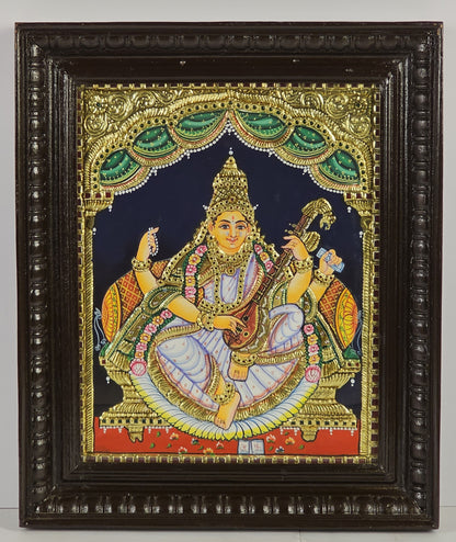 14" Saraswathi Devi  Tanjore Painting with 22K Gold Work