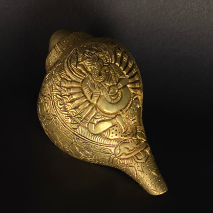 3.5" Ganesh Carved Shankh  In Brass.