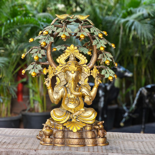 23 Inch Brass Ganesha Idol Sitting Under Tree.