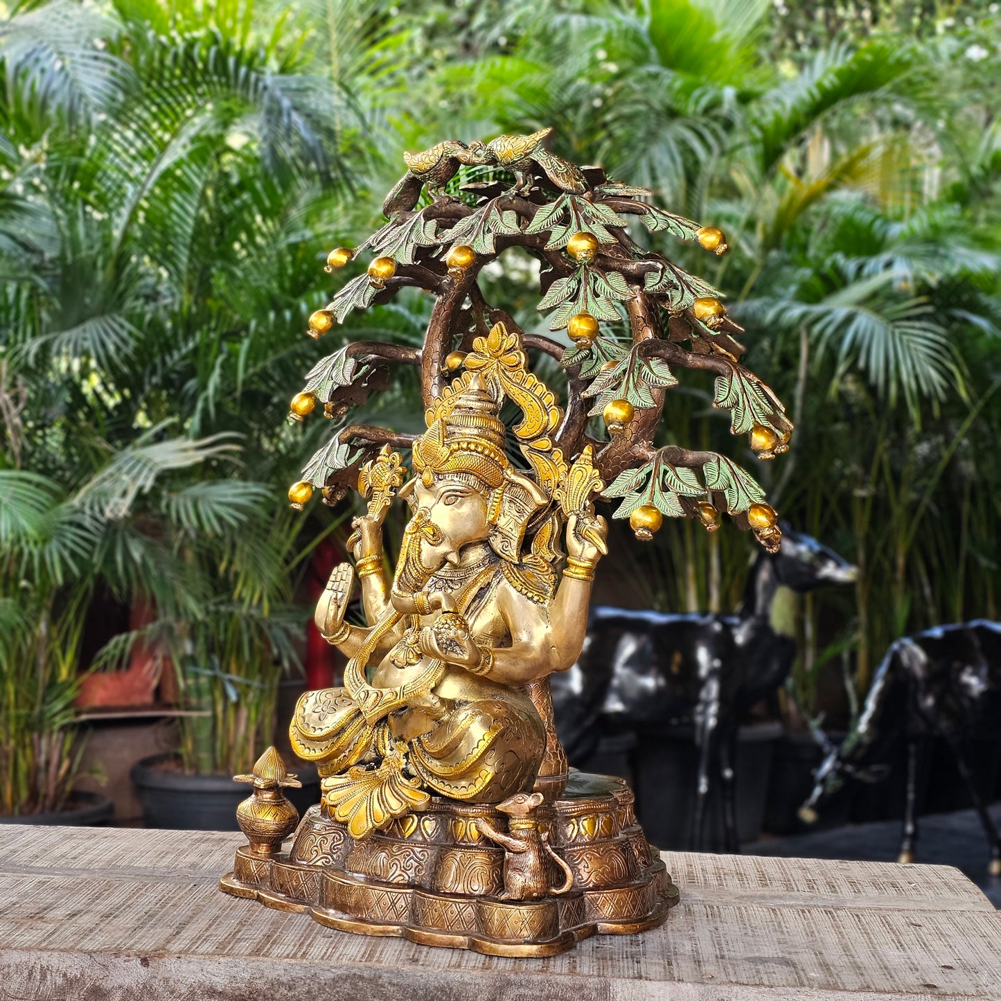 23 Inch Brass Ganesha Idol Sitting Under Tree.