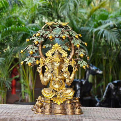 23 Inch Brass Ganesha Idol Sitting Under Tree.