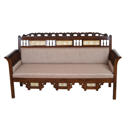 Maharaja Three Seater Sofa in Teakwood with Walnut Finish adorned with Dhokra Brass Frames