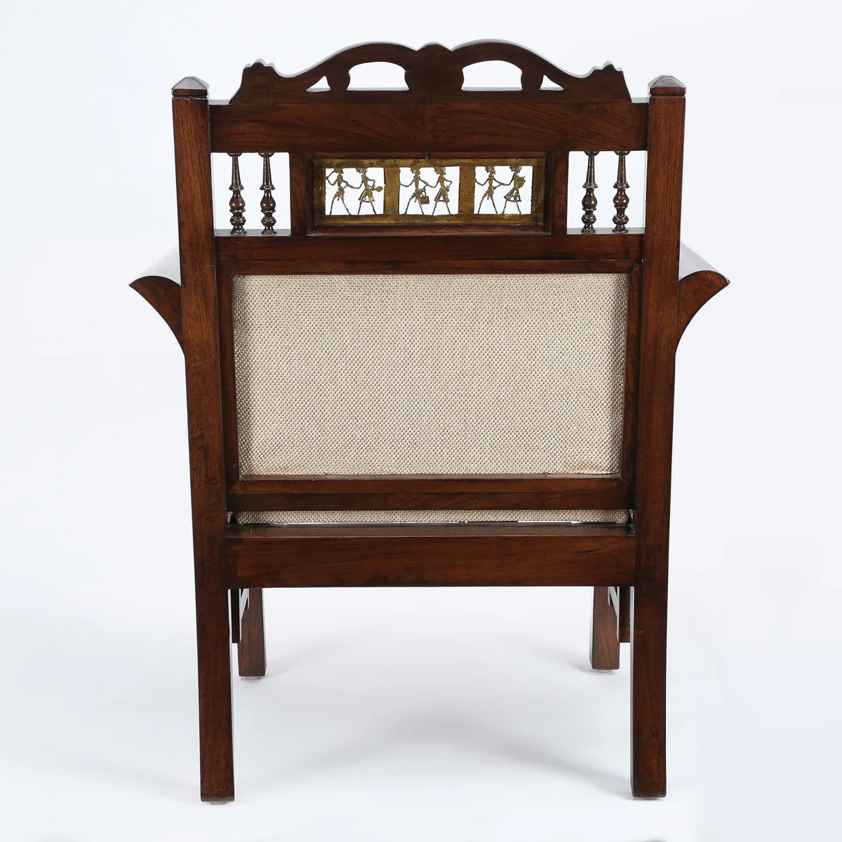 Maharaja Single Seater Sofa in Teakwood with Walnut Finish adorned with Dhokra Brass Frames (30x26x38)
