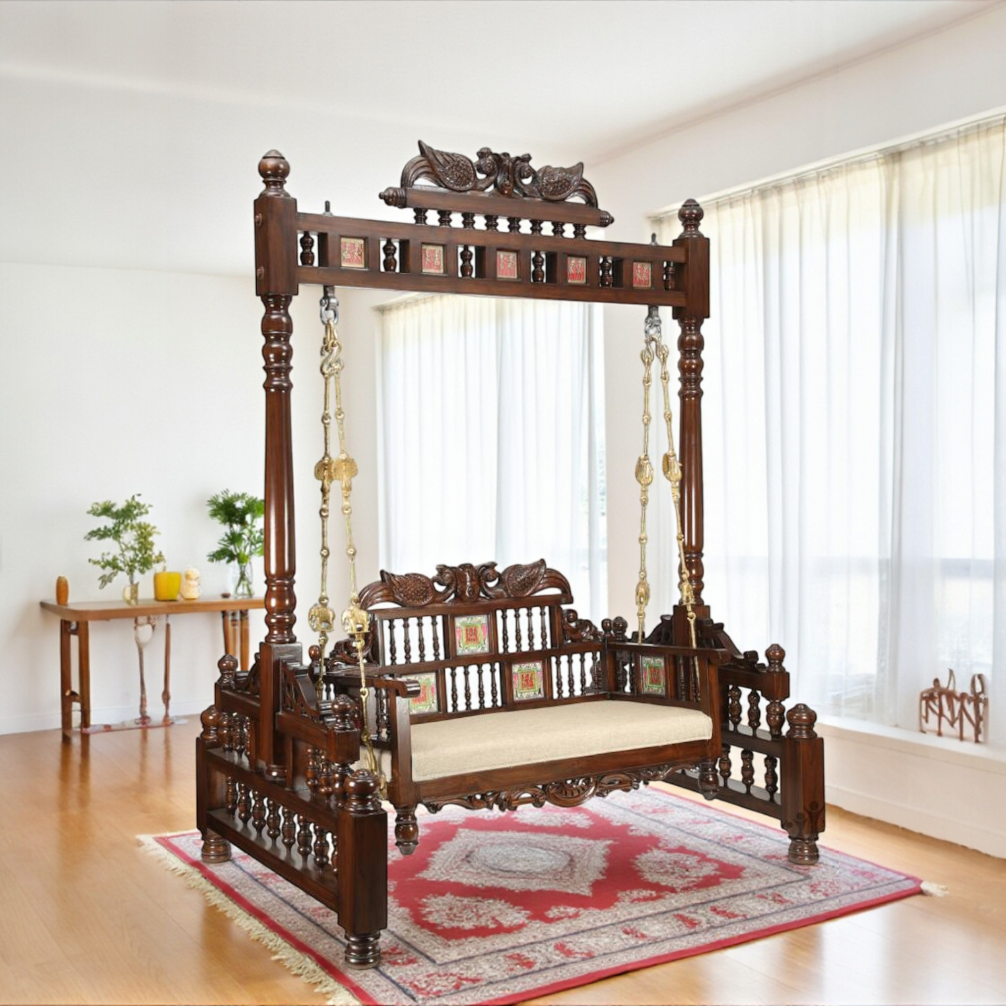 Padmini Teakwood Swing (Jhoola) in Walnut Finish adorned with Oriental Carvings and Tribal Artwork (65x48x80)