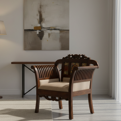 Alpa-I Single Seater Sofa with Cushioned Seat and Designer Back Rest in Walnut Colour (34x22x35)